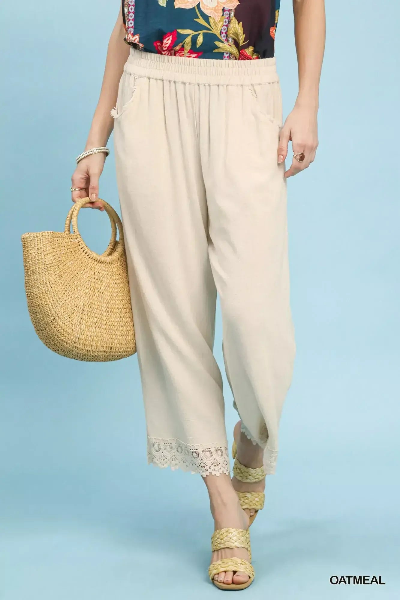Umgee Linen Wide Leg Cropped Pants with Lace Trim - Trendsi - Flyclothing LLC