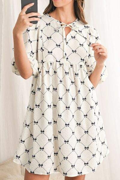 Bow Print Tie Neck Half Sleeve Dress - Trendsi - Flyclothing LLC