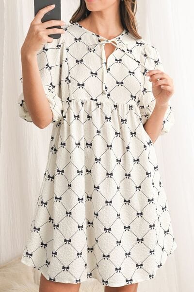 Bow Print Tie Neck Half Sleeve Dress - Trendsi