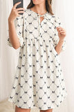Bow Print Tie Neck Half Sleeve Dress - Trendsi