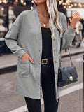 Textured Button Down V-Neck Long Sleeve Cardigan - Trendsi