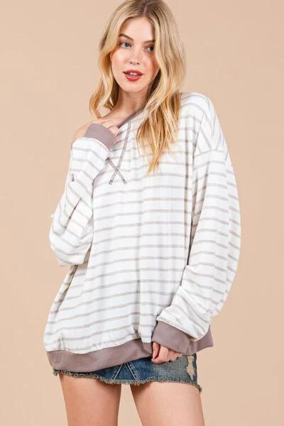 Ces Femme Striped Round Neck Drop Shoulder Sweatshirt - Trendsi