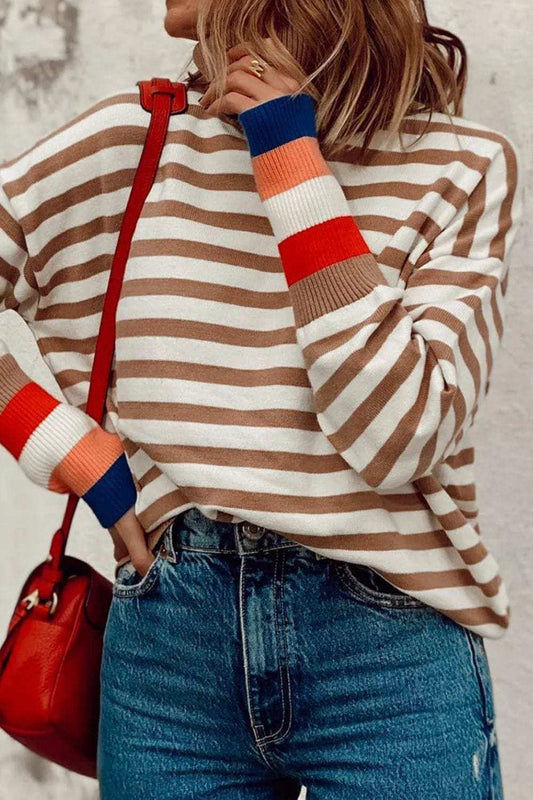 Striped Turtleneck Long Sleeve Sweater - Trendsi - Flyclothing LLC