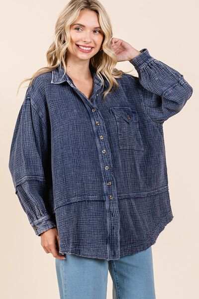 Mittoshop Textured Collared Neck Long Sleeve Shirt - Trendsi - Flyclothing LLC