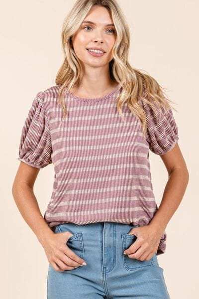 Mittoshop Contrast Striped Short Puff Sleeve Knit Top - Trendsi - Flyclothing LLC