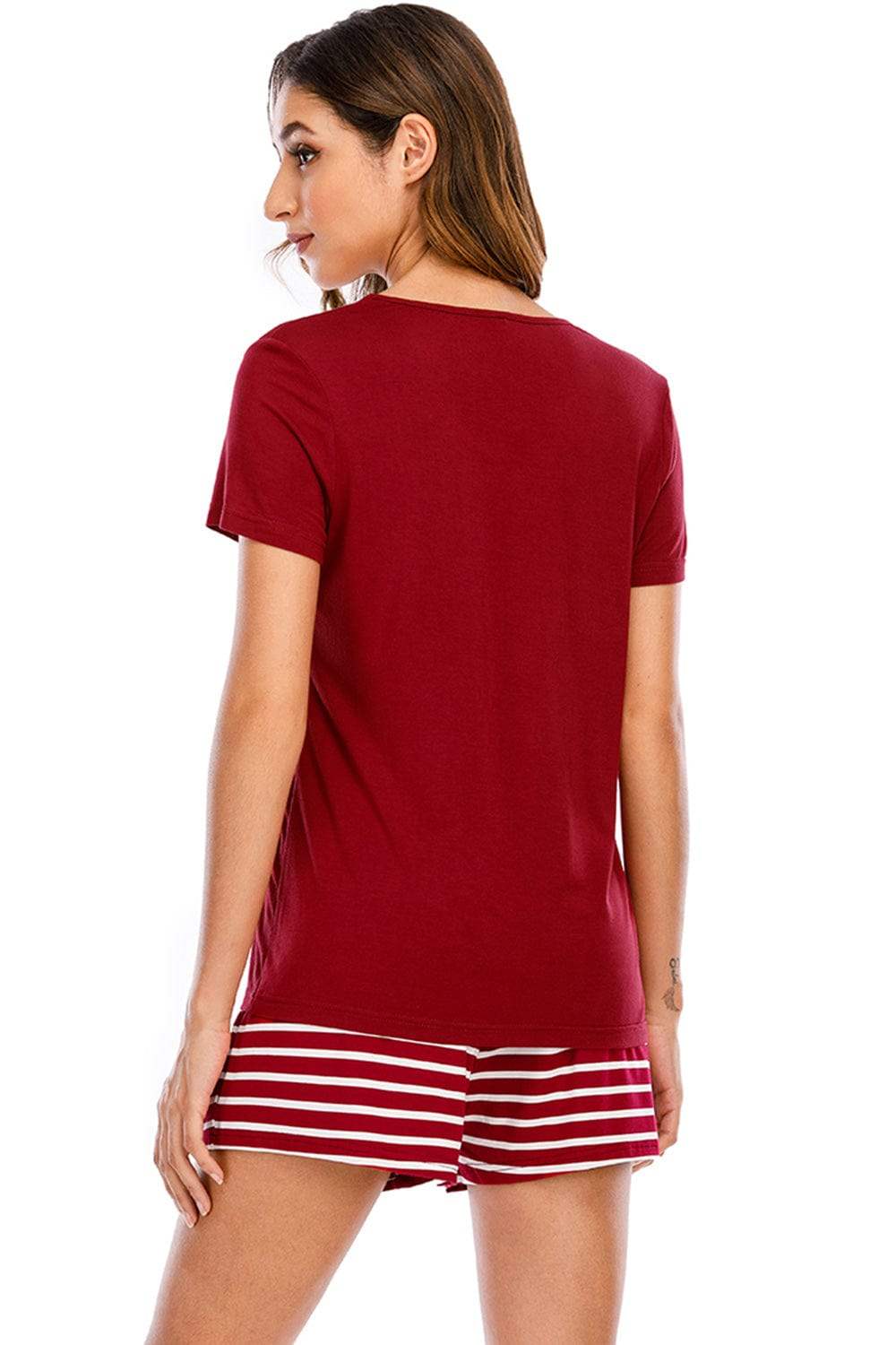 Graphic Round Neck Top and Striped Shorts Lounge Set - Trendsi - Flyclothing LLC
