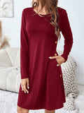 Round Neck Long Sleeve Mini Dress with Pockets - Trendsi