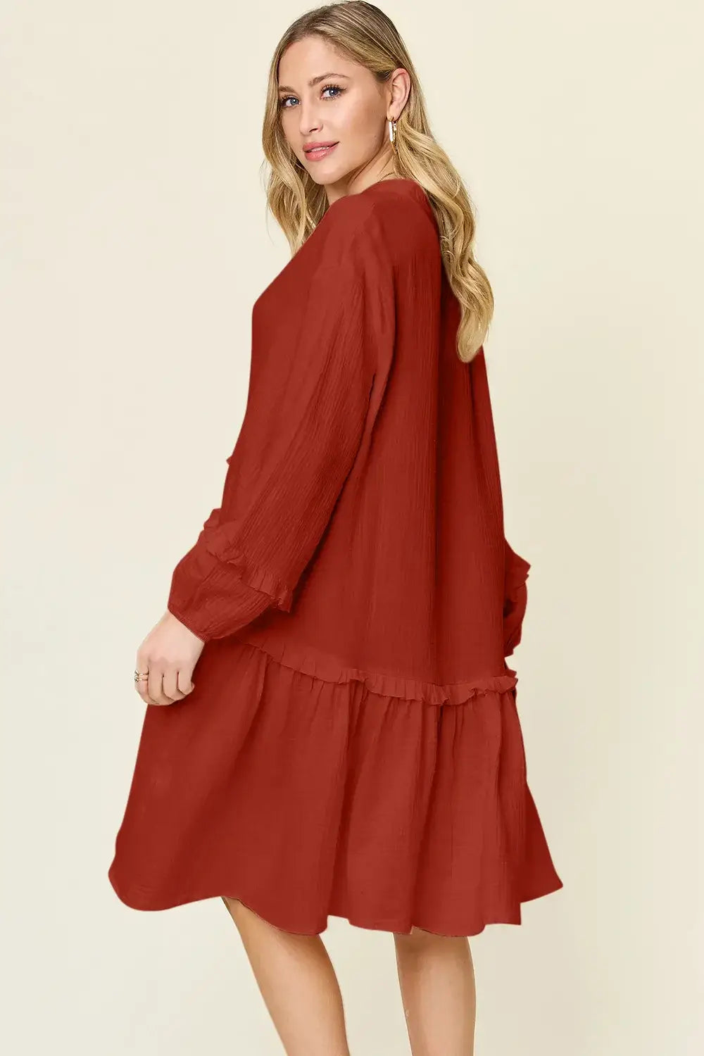 Double Take Full Size Texture Half Button Ruffle Trim Dress - Trendsi - Flyclothing LLC
