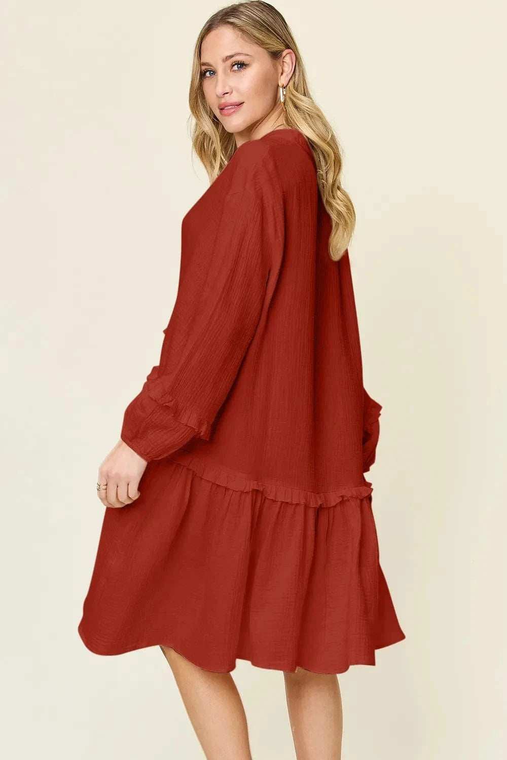 Double Take Full Size Texture Half Button Ruffle Trim Dress - Trendsi - Flyclothing LLC