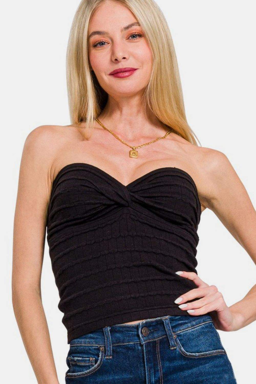Zenana Ruched Twisted Sweetheart Neck Top - Trendsi - Flyclothing LLC
