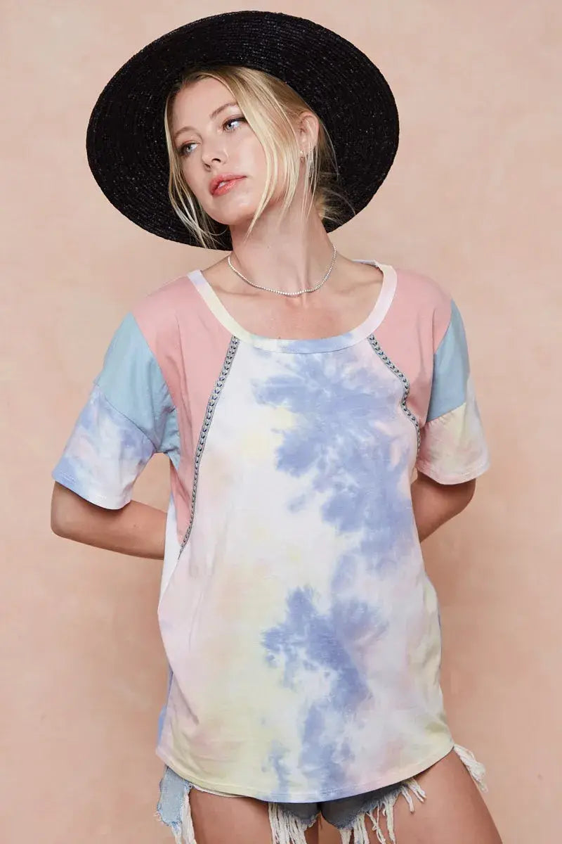 BiBi Tie Dye Printed Cotton Color Block T-Shirt - Trendsi - Flyclothing LLC