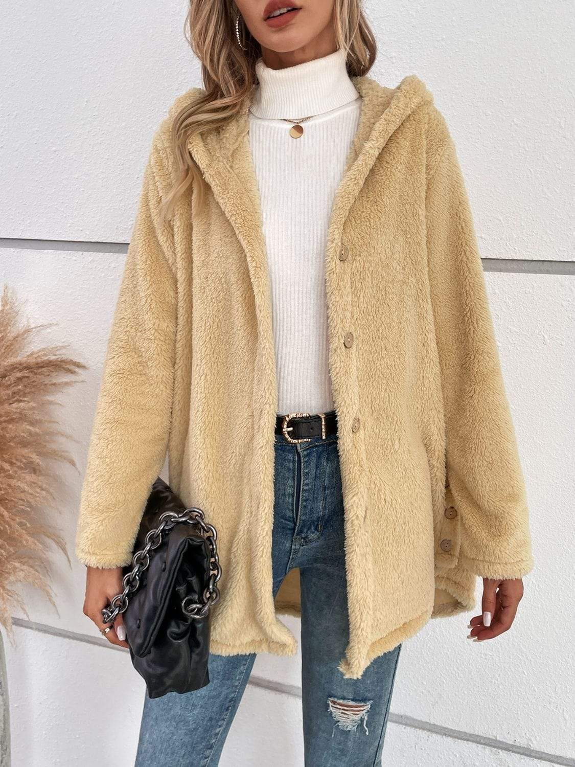 Fuzzy Button Up Hooded Jacket - Trendsi - Flyclothing LLC