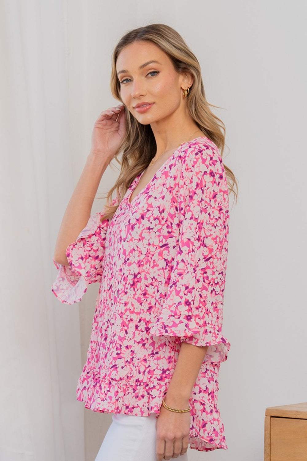 Sew In Love Full Size Floral V-Neck Flounce Sleeve Top - Trendsi - Flyclothing LLC