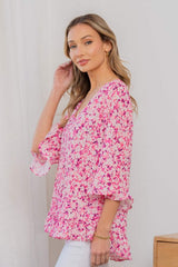 Sew In Love Full Size Floral V-Neck Flounce Sleeve Top - Trendsi - Flyclothing LLC