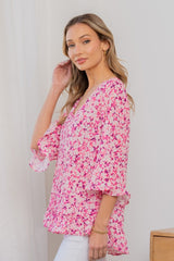 Sew In Love Full Size Floral V-Neck Flounce Sleeve Top Trendsi