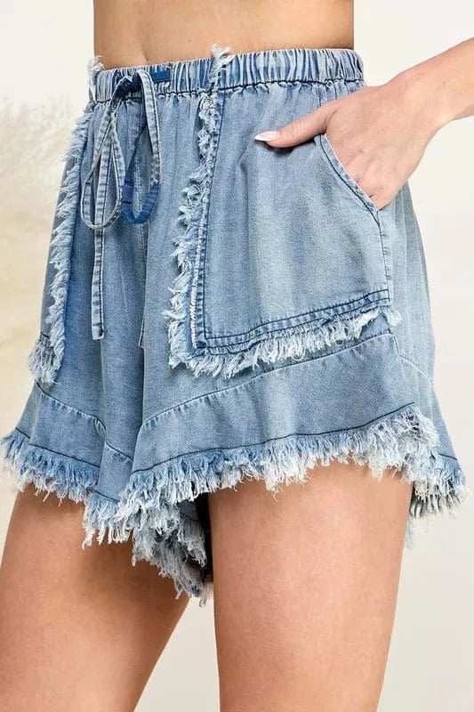 SAGE+FIG Frayed Drawstring Denim Shorts - Trendsi - Flyclothing LLC