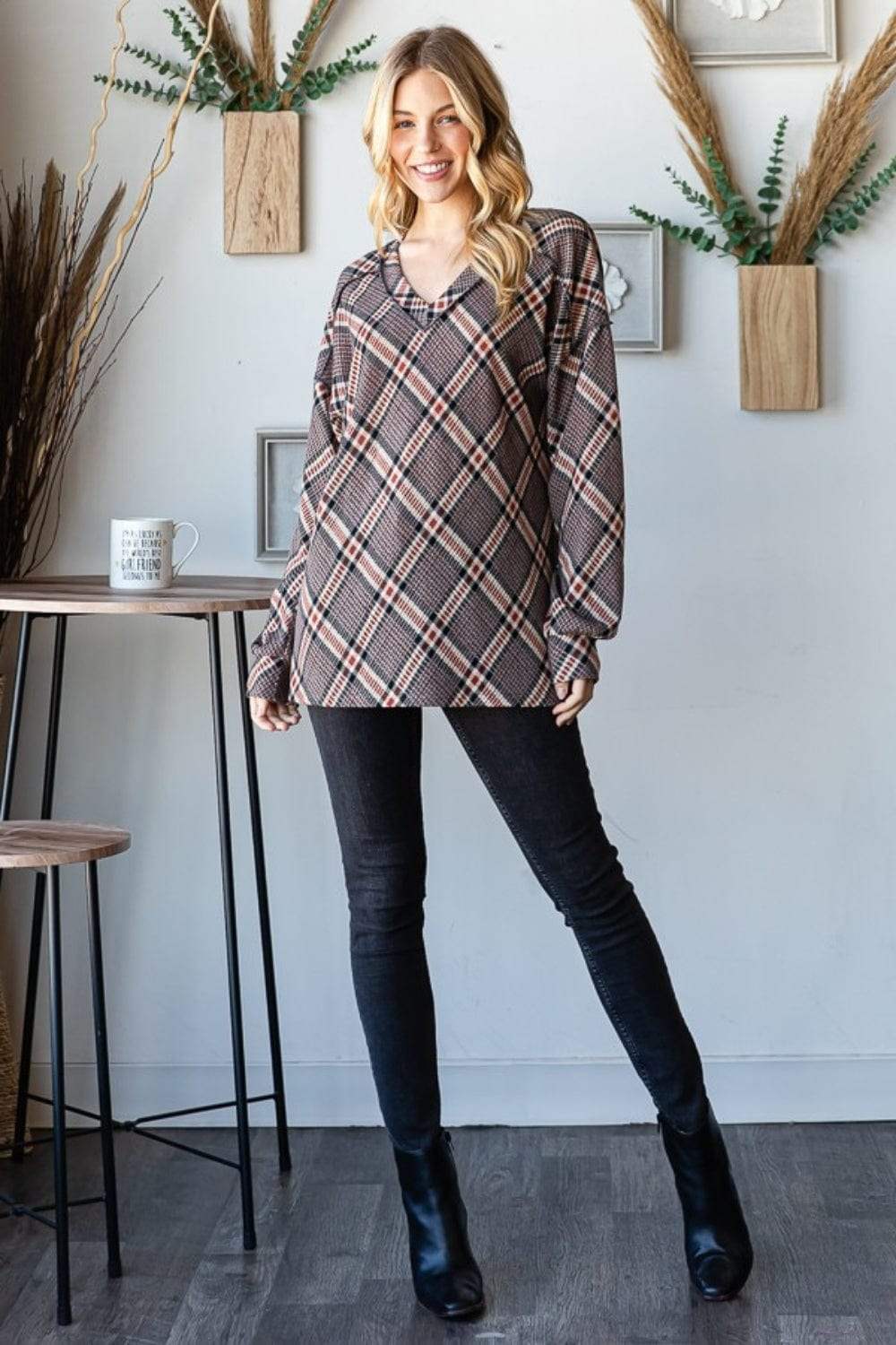 Heimish Plaid Exposed Seam V-Neck T-Shirt - Trendsi - Flyclothing LLC