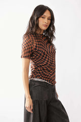 Davi & Dani Checker Board Printed Mesh Short Sleeve Top - Trendsi - Flyclothing LLC