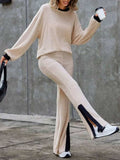Contrast Round Neck Long Sleeve Top and Bootcut Pants Set - Trendsi - Flyclothing LLC