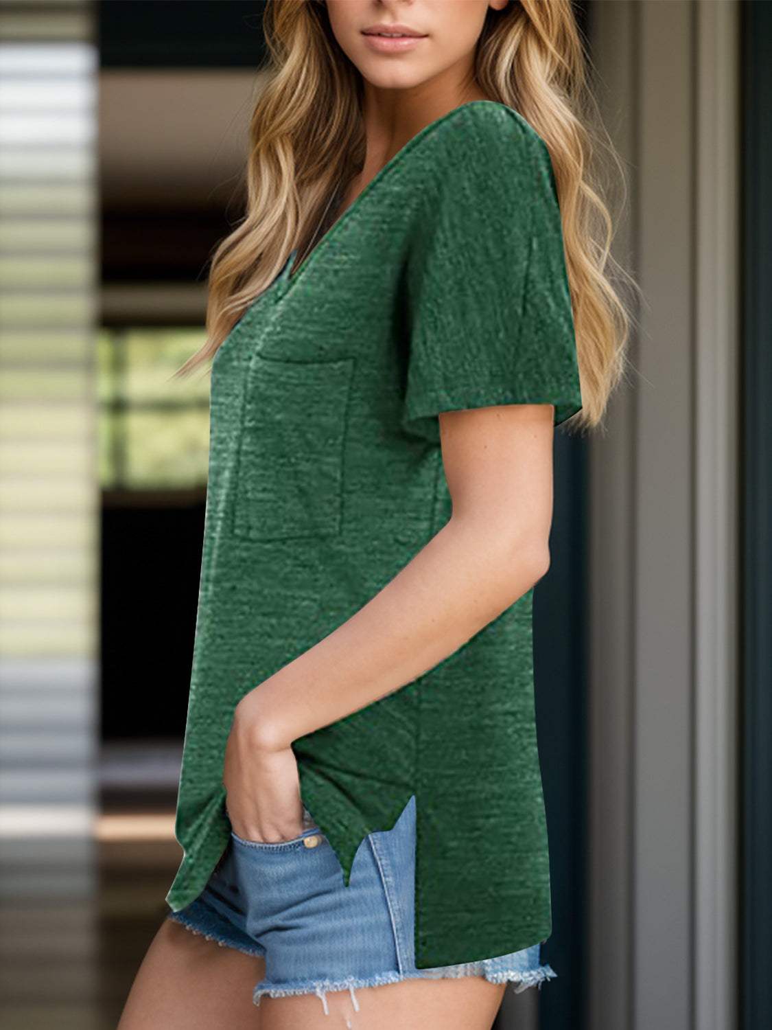 Pocketed Heathered V-Neck Short Sleeve T-Shirt - Trendsi - Flyclothing LLC