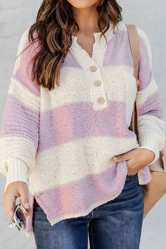 Striped Half Button Ribbed Sweater - Trendsi - Flyclothing LLC