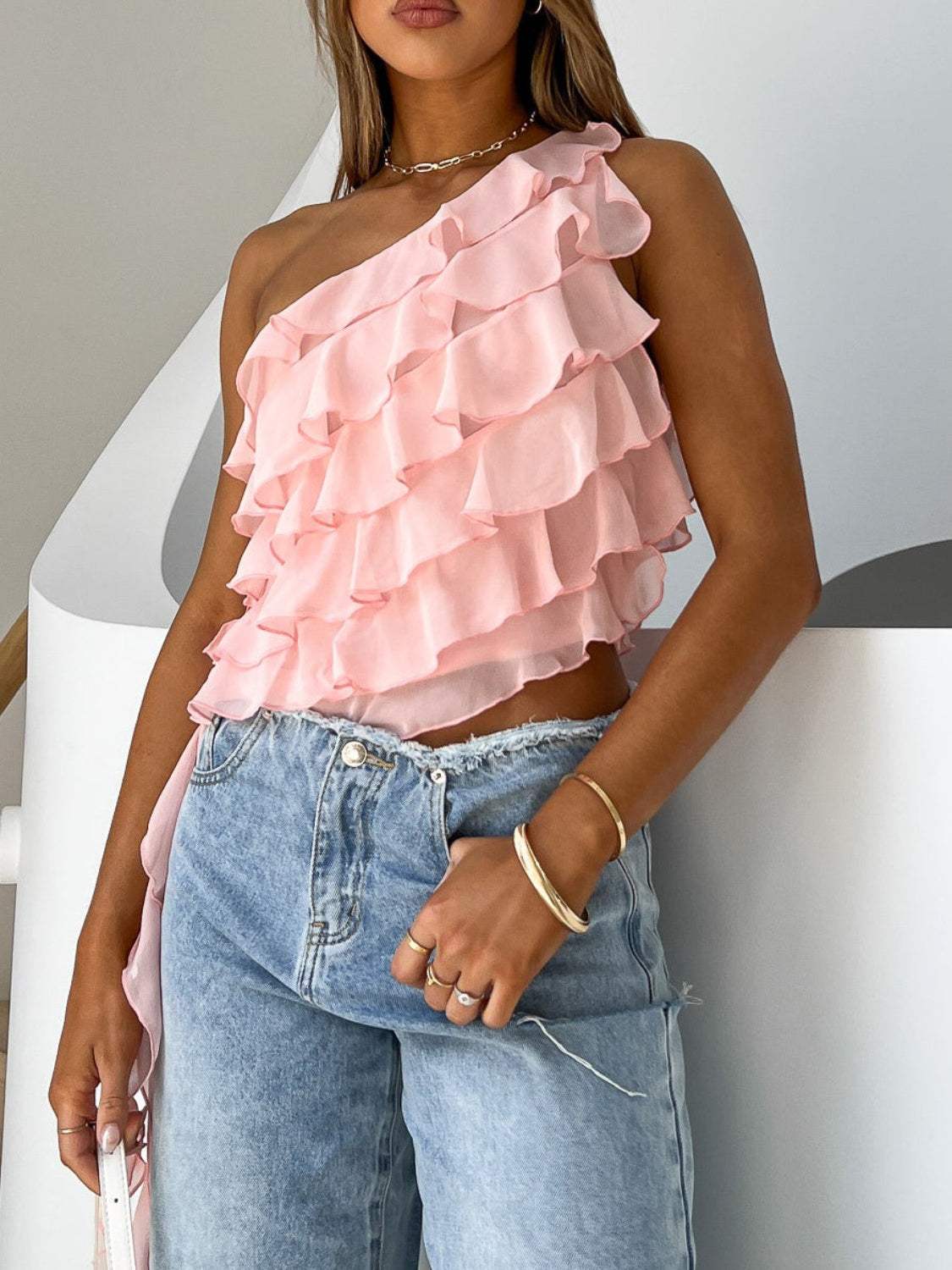 Layered Ruffled One Shoulder Tank - Trendsi - Flyclothing LLC