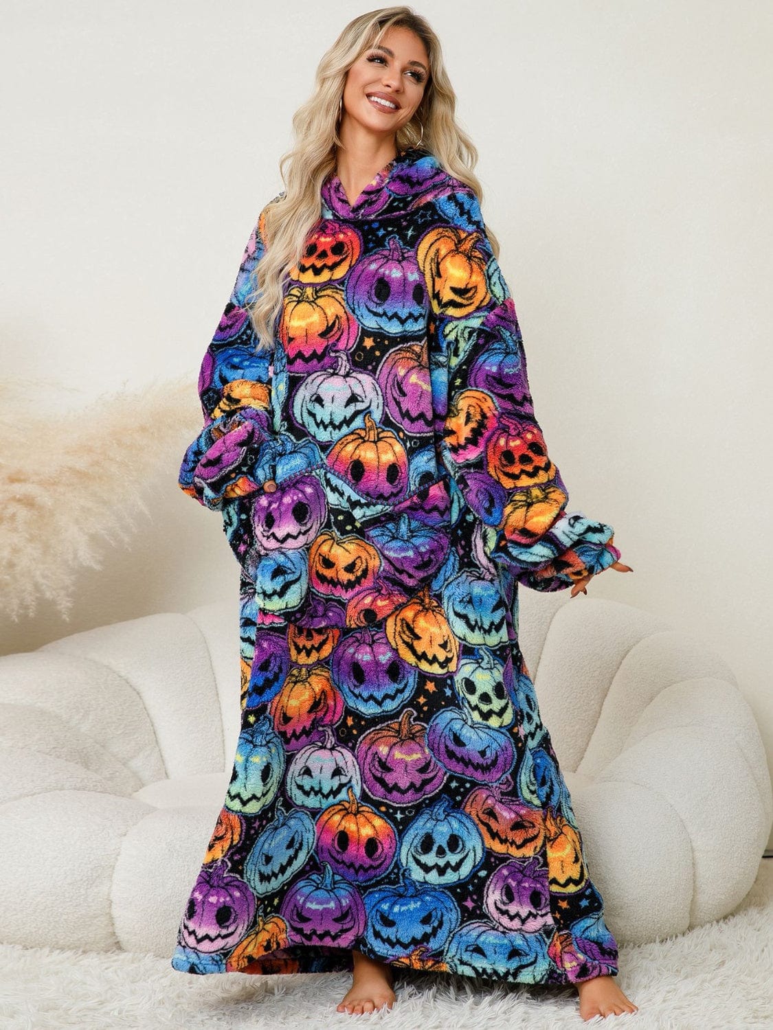 Fuzzy Pocketed Long Sleeve Hooded Lounge Dress - Trendsi