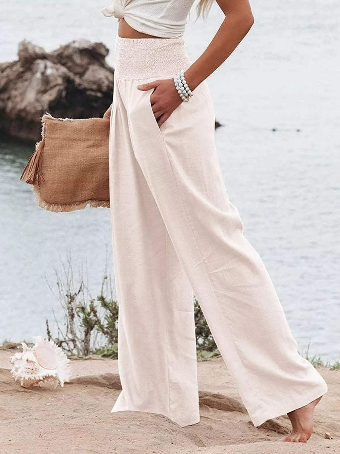 Smocked High Waisted Wide Leg Pants - Trendsi - Flyclothing LLC