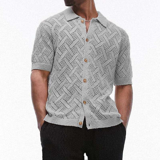 Men's Button Down Collared Neck Eyelet Knit Shirt - Trendsi - Flyclothing LLC