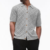 Men's Button Down Collared Neck Eyelet Knit Shirt - Trendsi