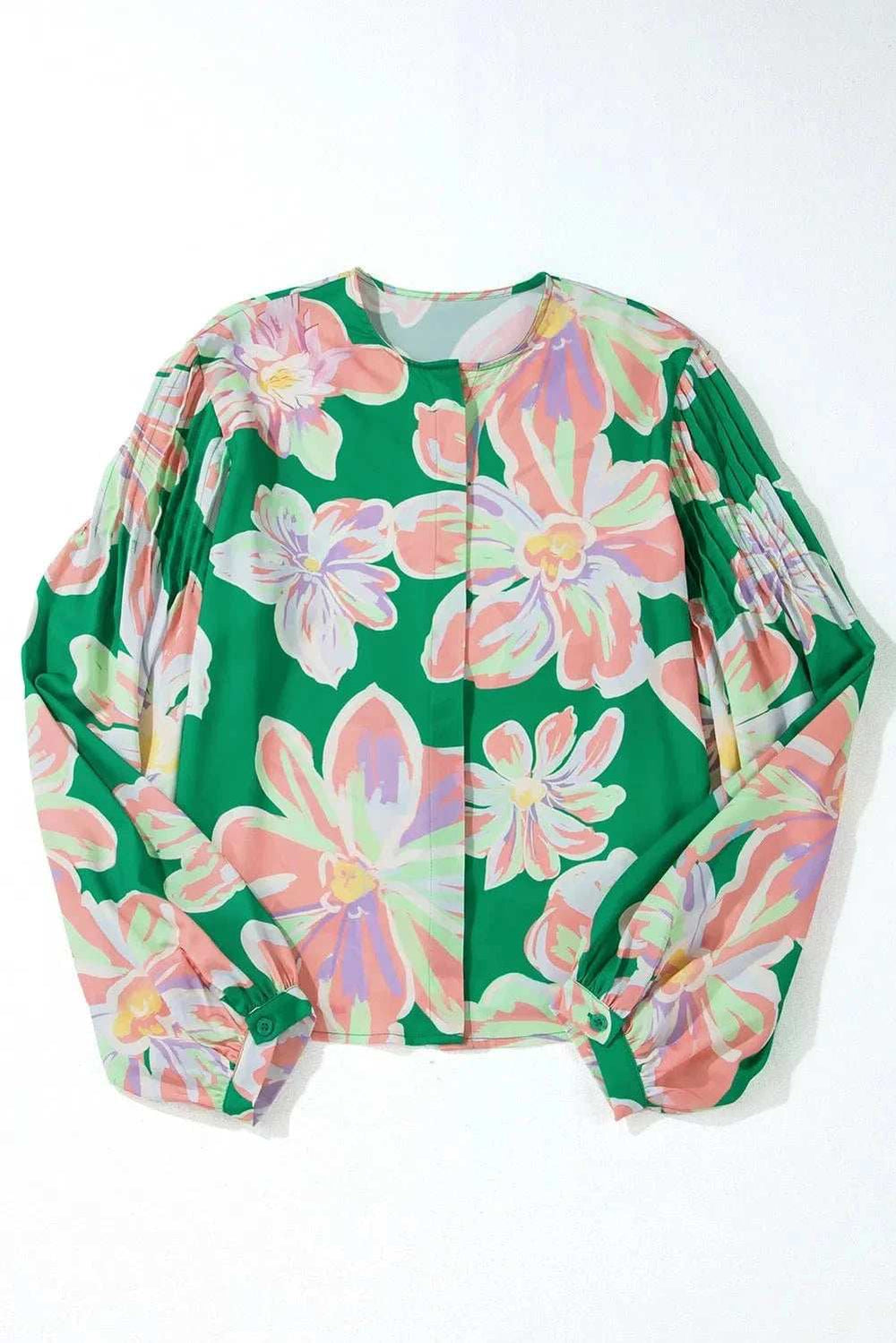 Floral Pleated Puff Sleeve Shirt - Trendsi - Flyclothing LLC