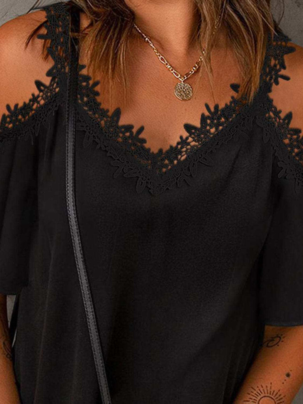 Lace Detail V-Neck Half Sleeve Blouse - Trendsi - Flyclothing LLC