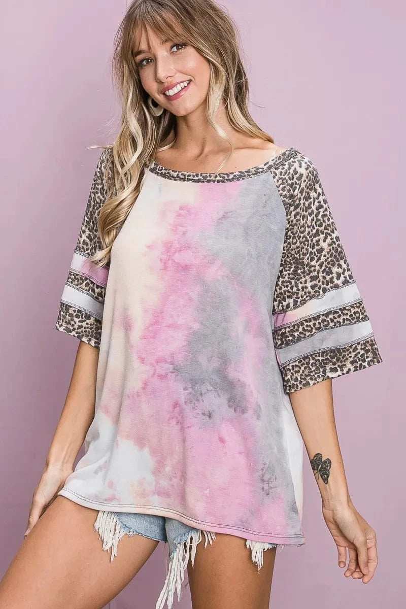 BiBi Tiedye French Terry with Leopard Sleeve Top - Trendsi - Flyclothing LLC