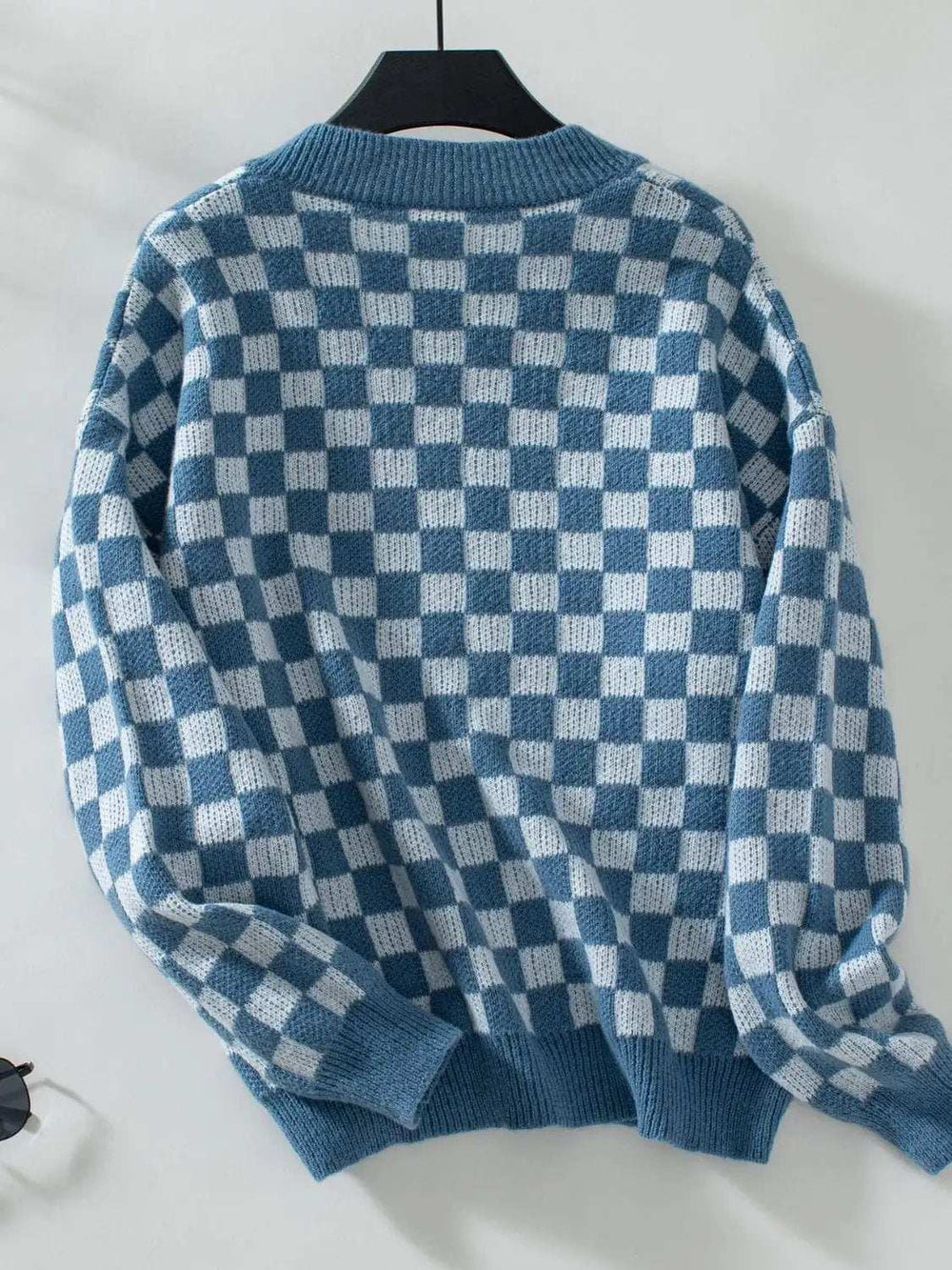 Checkered V-Neck Dropped Shoulder Sweater - Trendsi - Flyclothing LLC