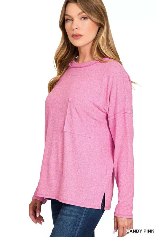 Zenana Soft Melange Hacci Round-Neck Long Sleeve T-Shirt - Trendsi - Flyclothing LLC