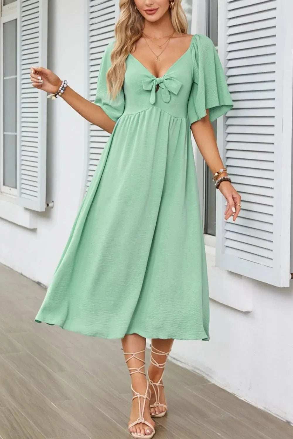 Smocked Tie Front Flutter Sleeve Midi Dress - Trendsi - Flyclothing LLC