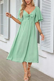 Smocked Tie Front Flutter Sleeve Midi Dress - Trendsi - Flyclothing LLC