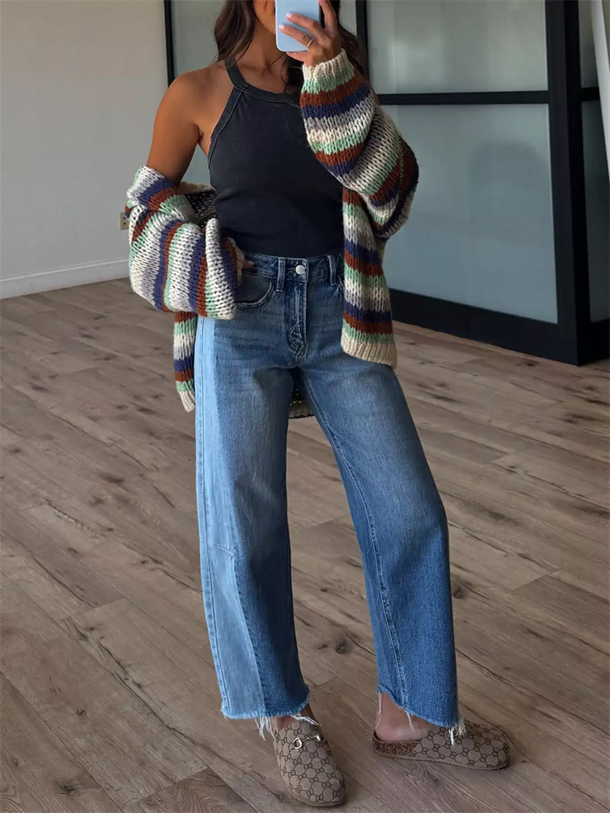 Multi-Color Striped Chunky Knit Open-Front Cardigan - Trendsi - Flyclothing LLC