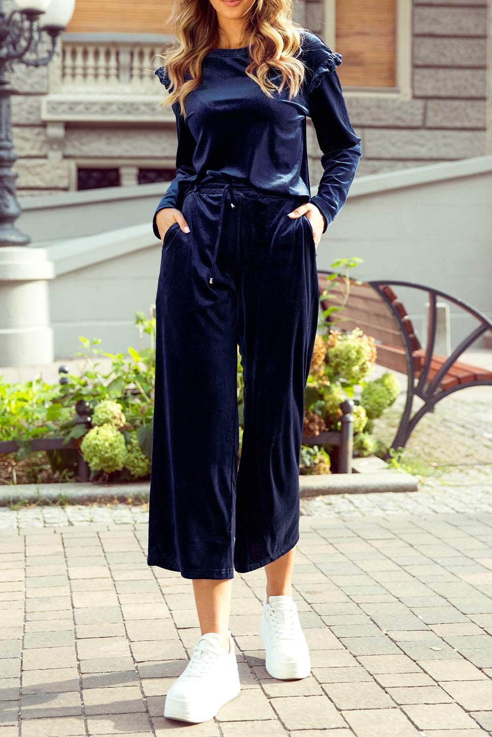 Frill Round Neck Long Sleeve Top and Pants Set - Trendsi - Flyclothing LLC