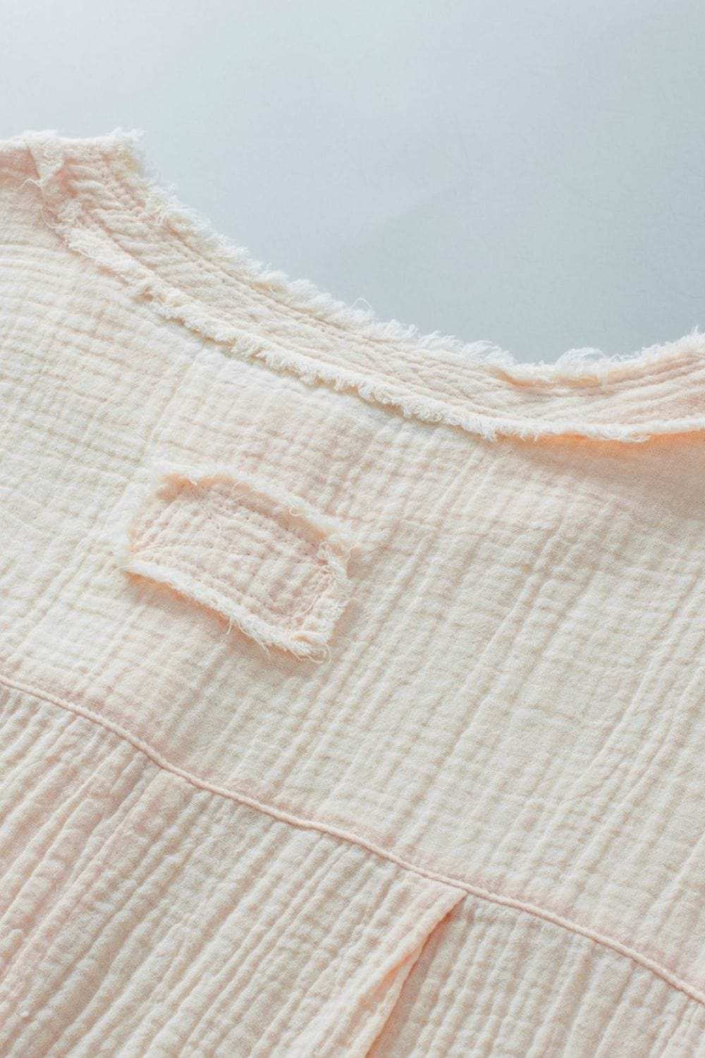 Textured Frayed Trim Half Button Short Sleeve Top - Trendsi - Flyclothing LLC