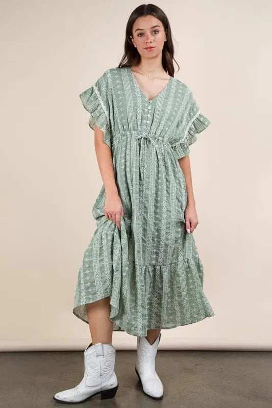 VERY J Embroidered Boho Ruffled Midi Dress - Trendsi - Flyclothing LLC