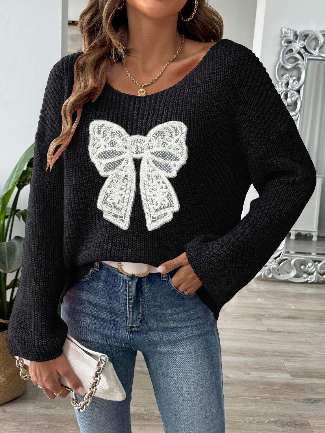 Bow Boat Neck Long Sleeve Sweater - Trendsi - Flyclothing LLC