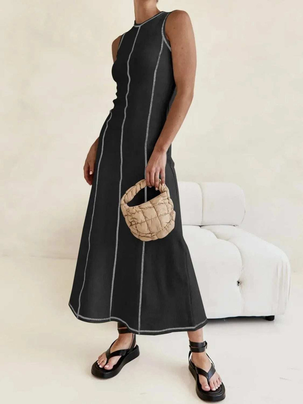 Contrast Stitching Round Neck Sleeveless Midi Dress - Trendsi - Flyclothing LLC