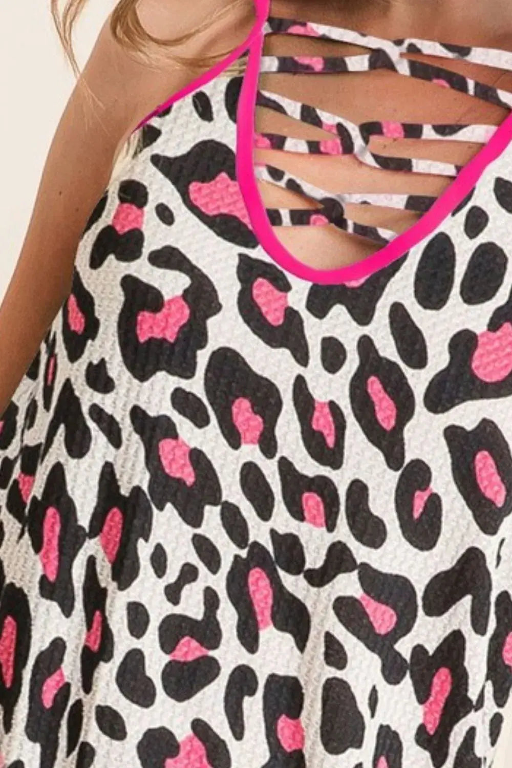BiBi Leopard Print Caged Neck Knit Camisole - Trendsi - Flyclothing LLC