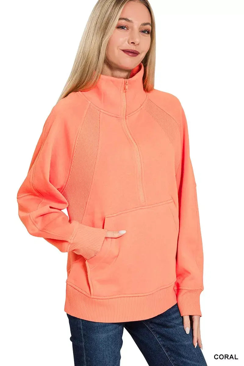 Zenana Half Zip Fleece Sweatshirt with kangaroo Pocket - Trendsi - Flyclothing LLC