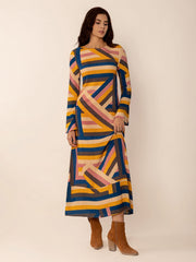 Contrast Round Neck Flare Sleeve Midi Dress - Trendsi