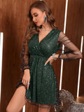 Glitter Surplice Long Sleeve Mini Dress - Trendsi