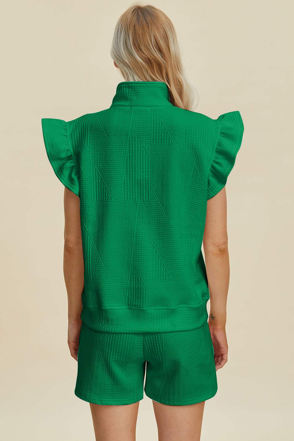 Double Take Full Size Texture Flounce Sleeve Top and Shorts Set - Trendsi - Flyclothing LLC