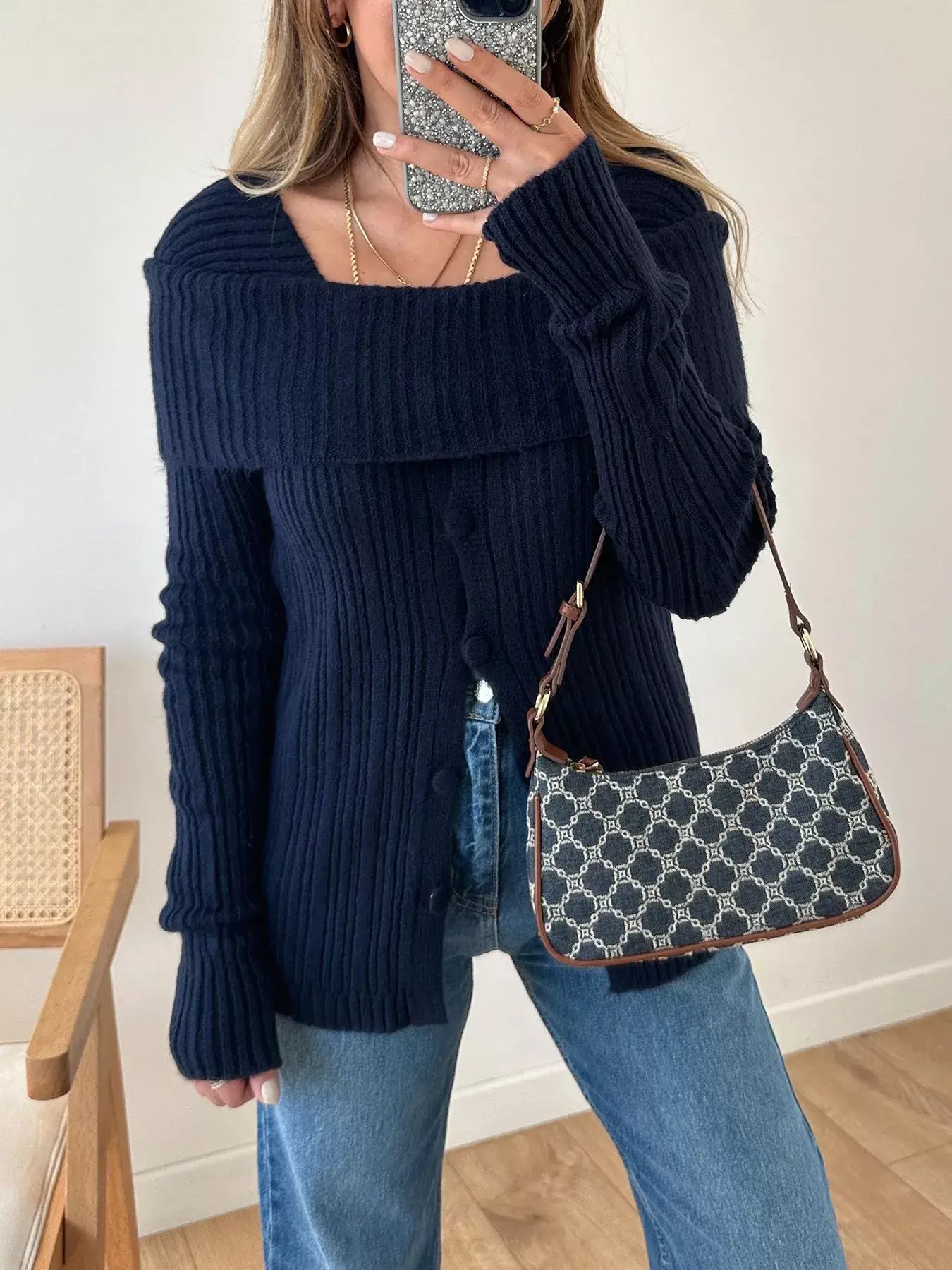 Textured Slit Front Long Sleeve Knit Top - Trendsi - Flyclothing LLC