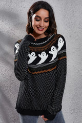 Ghost Pattern Round Neck Long Sleeve Sweater - Trendsi - Flyclothing LLC